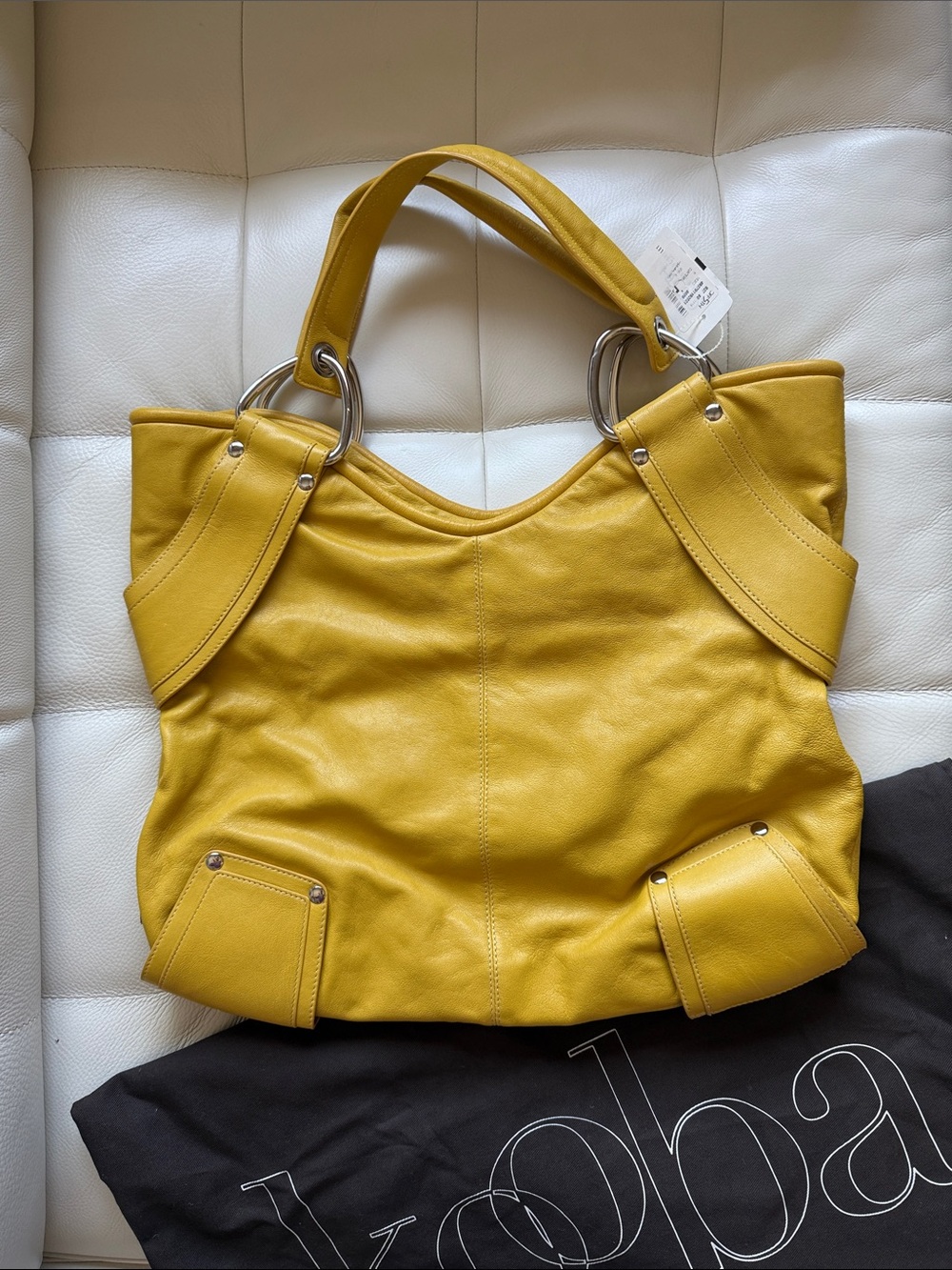NEW Kooba Vintage Mustard Yellow Leather Tote with Silver Rings